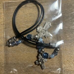 Pure Silver and Blue Beaded Cross Bracelet